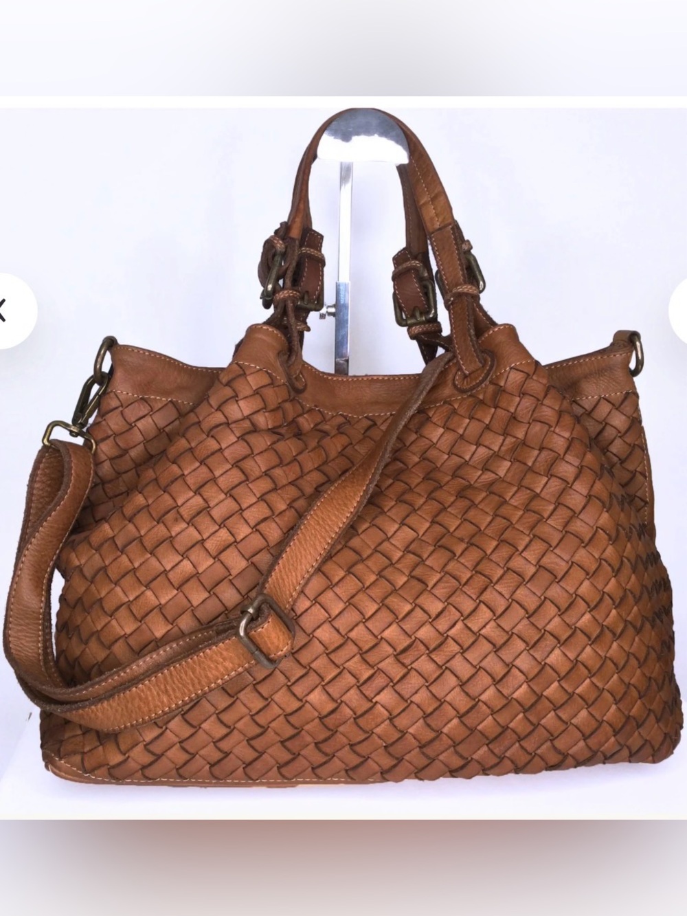 Vera Pelle Woven Leather Crossbody Bag - Cognac Brown